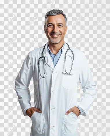 rofessional portrait of a middle-aged doctor, against a white background, full-length shot, wearing a medical robe and a stethoscope around the neck, smiling at the camera, hands in pockets, isolated on a solid color background, studio shot, soft lighting, soft shadows, low contrast, sharp focus, captured with a Nikon Z9 at f/20.