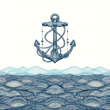hand-drawn thick black ink outline illustrations, minimalist and simple art style, inclined anchor filled with minimal dark blue color, minimalist background, anchor placed in the center, delicate rope coiled around it, soft waves in the distance, calm and serene atmosphere, representing stability amidst the open sea, tile illustration art, ink on paper  rofile mrw4jg7