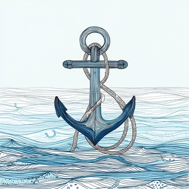 hand-drawn thick black ink outline illustrations, minimalist and simple art style, inclined anchor filled with minimal dark blue color, minimalist background, anchor placed in the center, delicate rope coiled around it, soft waves in the distance, calm and serene atmosphere, representing stability amidst the open sea, tile illustration art, ink on paper  rofile mrw4jg7