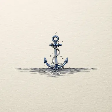 hand-drawn thick black ink outline illustrations, minimalist and simple art style, inclined anchor filled with minimal dark blue color, minimalist background, anchor placed in the center, delicate rope coiled around it, soft waves in the distance, calm and serene atmosphere, representing stability amidst the open sea, tile illustration art, ink on paper  rofile mrw4jg7