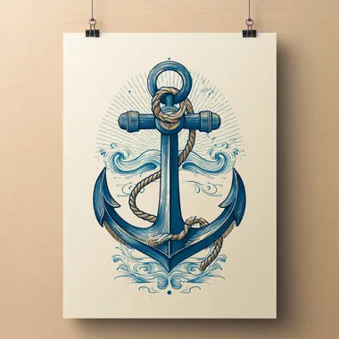 hand-drawn thick black ink outline illustrations, minimalist and simple art style, inclined anchor filled with minimal dark blue color, minimalist background, anchor placed in the center, delicate rope coiled around it, soft waves in the distance, calm and serene atmosphere, representing stability amidst the open sea, tile illustration art, ink on paper  rofile mrw4jg7