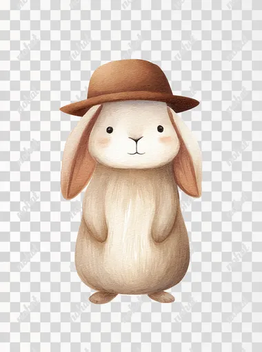 Flat minimalist boho style illustration of a fluffy baby bunny with a hat, full body, soft natural colors, friendly gentle expression, cozy children's room poster, white background,   --raw