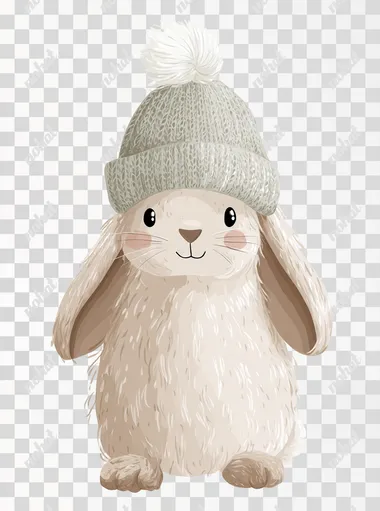 Flat minimalist boho style illustration of a fluffy baby bunny with a hat, full body, soft natural colors, friendly gentle expression, cozy children's room poster, white background,   --raw
