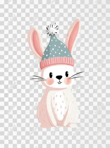 Flat minimalist boho style illustration of a fluffy baby bunny with a hat, full body, soft natural colors, friendly gentle expression, cozy children's room poster, white background,   --raw