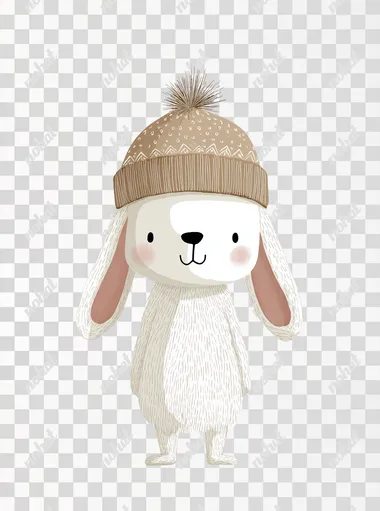 Flat minimalist boho style illustration of a fluffy baby bunny with a hat, full body, soft natural colors, friendly gentle expression, cozy children's room poster, white background,   --raw