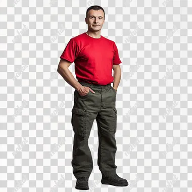 A full-body portrait of a 30-year-old Russian male worker standing half-side on a neutral background. He is wearing a red t-shirt and work pants, with a slight smile on his face. The image should convey a professional yet approachable demeanor, highlighting the worker's confidence and friendliness. The photograph is taken with a professional camera, Pentax K-1 Mark II Body, ultra realism