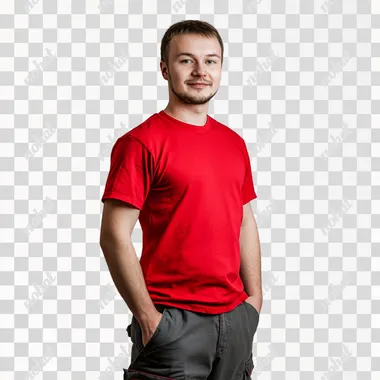 A full-body portrait of a 30-year-old Russian male worker standing half-side on a neutral background. He is wearing a red t-shirt and work pants, with a slight smile on his face. The image should convey a professional yet approachable demeanor, highlighting the worker's confidence and friendliness. The photograph is taken with a professional camera, Pentax K-1 Mark II Body, ultra realism