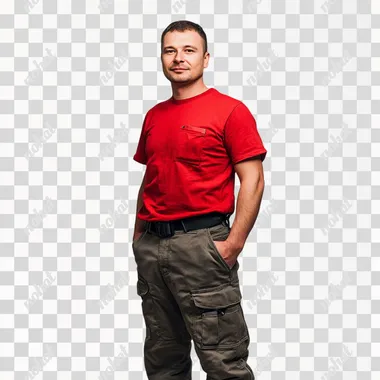 A full-body portrait of a 30-year-old Russian male worker standing half-side on a neutral background. He is wearing a red t-shirt and work pants, with a slight smile on his face. The image should convey a professional yet approachable demeanor, highlighting the worker's confidence and friendliness. The photograph is taken with a professional camera, Pentax K-1 Mark II Body, ultra realism