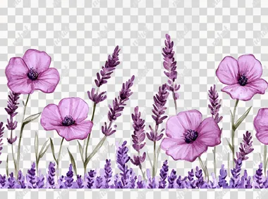 Watercolor clip art, purple flowers and purple lavender in the lower part of the picture, , white background, purple flower border, very delicate watercolor painting, bright colors,   quality