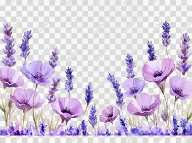 Watercolor clip art, purple flowers and purple lavender in the lower part of the picture, , white background, purple flower border, very delicate watercolor painting, bright colors,   quality