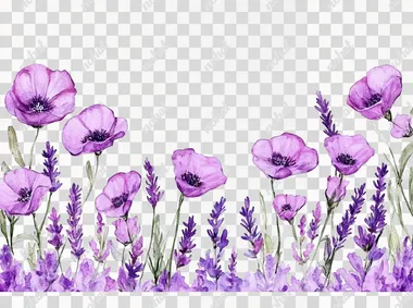 Watercolor clip art, purple flowers and purple lavender in the lower part of the picture, , white background, purple flower border, very delicate watercolor painting, bright colors,   quality