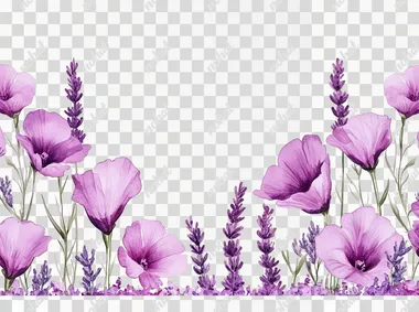 Watercolor clip art, purple flowers and purple lavender in the lower part of the picture, , white background, purple flower border, very delicate watercolor painting, bright colors,   quality