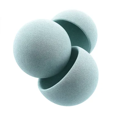 three spheres cut into sectors, nested inside each other, separated from each other, symbolizing a cyclical process of 3 steps, three spheres made of woven fabric of green-blue color with a small weave, high detail, white isolated background, 4k   cisvpzh