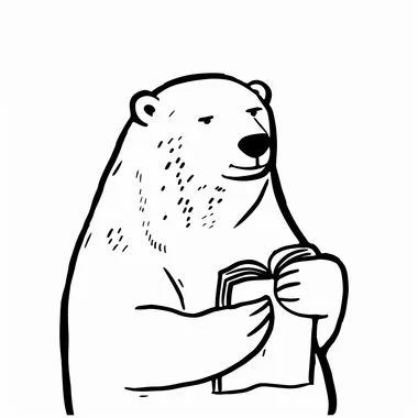 A minimalistic black and white line drawing of a polar bear with an elderly appearance, struggling to read something up close. The bear is depicted squinting or holding an object far away, with a slightly puzzled or amused expression. The design maintains a clean, simple, and whimsical aesthetic on a white background.