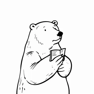 A minimalistic black and white line drawing of a polar bear with an elderly appearance, struggling to read something up close. The bear is depicted squinting or holding an object far away, with a slightly puzzled or amused expression. The design maintains a clean, simple, and whimsical aesthetic on a white background.