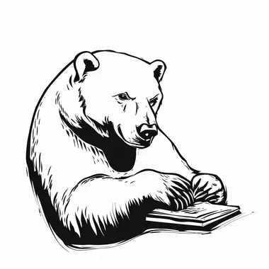 A minimalistic black and white line drawing of a polar bear with an elderly appearance, struggling to read something up close. The bear is depicted squinting or holding an object far away, with a slightly puzzled or amused expression. The design maintains a clean, simple, and whimsical aesthetic on a white background.