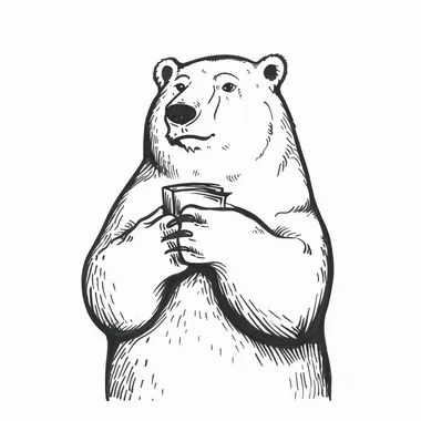 A minimalistic black and white line drawing of a polar bear with an elderly appearance, struggling to read something up close. The bear is depicted squinting or holding an object far away, with a slightly puzzled or amused expression. The design maintains a clean, simple, and whimsical aesthetic on a white background.