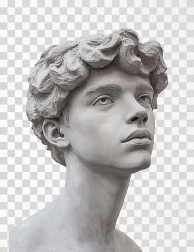 Plaster statue of the head and shoulders of an attractive young man with short, curly hair against a white background.