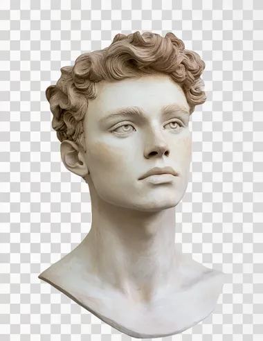 Plaster statue of the head and shoulders of an attractive young man with short, curly hair against a white background.