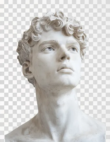 Plaster statue of the head and shoulders of an attractive young man with short, curly hair against a white background.