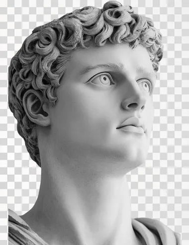 Plaster statue of the head and shoulders of an attractive young man with short, curly hair against a white background.