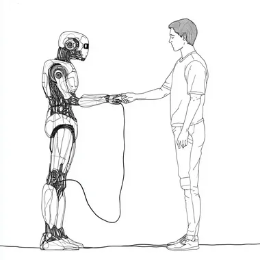 a single line drawing on white background of a human interacting with a humanoid robot