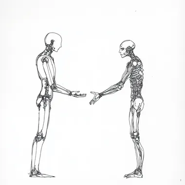 a single line drawing on white background of a human interacting with a humanoid robot