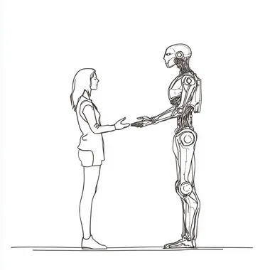 a single line drawing on white background of a human interacting with a humanoid robot