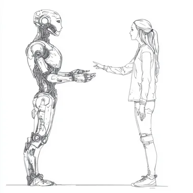 a single line drawing on white background of a human interacting with a humanoid robot
