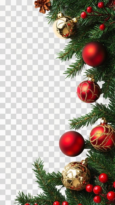 Christmas Tree Border And Ornaments Decoration Isolated On white background