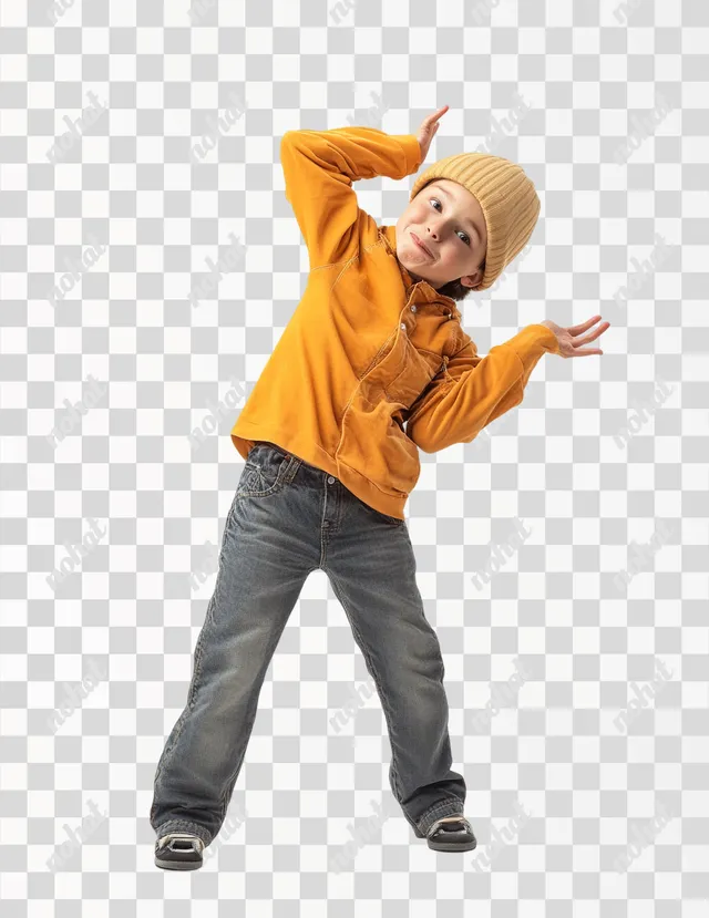 PNG Young boy in a yellow shirt and hat striking funny poses indoors