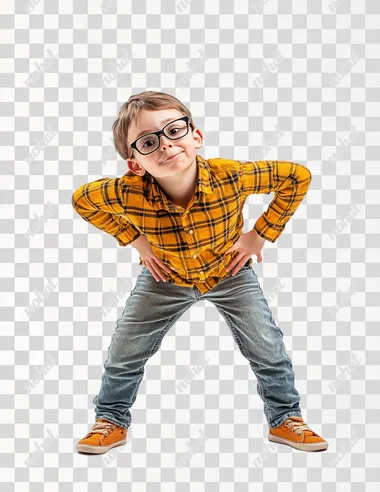 funny childlike figure posing in funny postures over white background