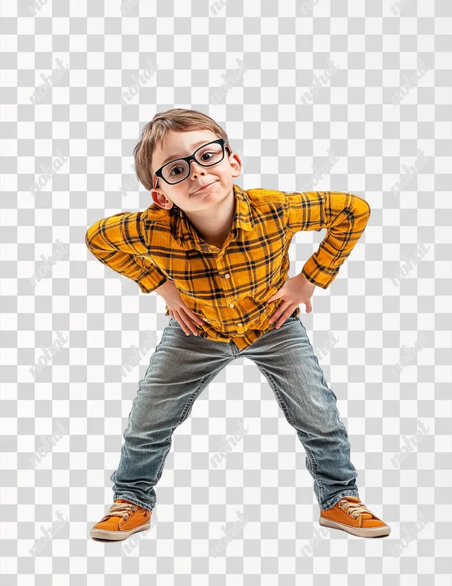 PNG Funny young boy in glasses posing playfully with hands on hips