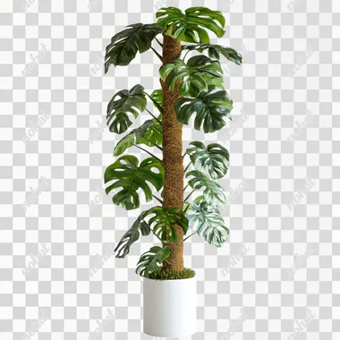 Ultra-realistic photograph of a Monstera deliciosa plant growing along an S-shaped coco coir moss pole, placed in a sleek white ceramic pot. The Monstera's large, glossy, dark green leaves with natural fenestrations climb and wrap around the moss pole, following its curving shape. The moss pole is highly detailed, showing its natural texture. The overall scene is minimalist, with soft lighting and a plain background that emphasizes the vibrant, healthy plant. Photorealistic shadows and lighting, capturing the natural beauty and structure of the Monstera growing upwards