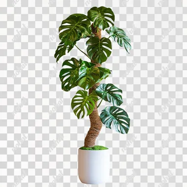 Ultra-realistic photograph of a Monstera deliciosa plant growing along an S-shaped coco coir moss pole, placed in a sleek white ceramic pot. The Monstera's large, glossy, dark green leaves with natural fenestrations climb and wrap around the moss pole, following its curving shape. The moss pole is highly detailed, showing its natural texture. The overall scene is minimalist, with soft lighting and a plain background that emphasizes the vibrant, healthy plant. Photorealistic shadows and lighting, capturing the natural beauty and structure of the Monstera growing upwards