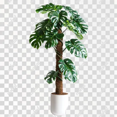 Ultra-realistic photograph of a Monstera deliciosa plant growing along an S-shaped coco coir moss pole, placed in a sleek white ceramic pot. The Monstera's large, glossy, dark green leaves with natural fenestrations climb and wrap around the moss pole, following its curving shape. The moss pole is highly detailed, showing its natural texture. The overall scene is minimalist, with soft lighting and a plain background that emphasizes the vibrant, healthy plant. Photorealistic shadows and lighting, capturing the natural beauty and structure of the Monstera growing upwards