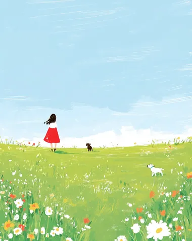 A girl in red and white walks on the grass, accompanied by her dog, walking towards you from afar. The green meadow is full of wildflowers under a blue sky, in the style of Japanese illustration with simple lines, minimalist art, flat painting, children's illustrations, brushstrokes, soft colors, and a fresh style. A large area is left blank for space.No pets  --s 50
