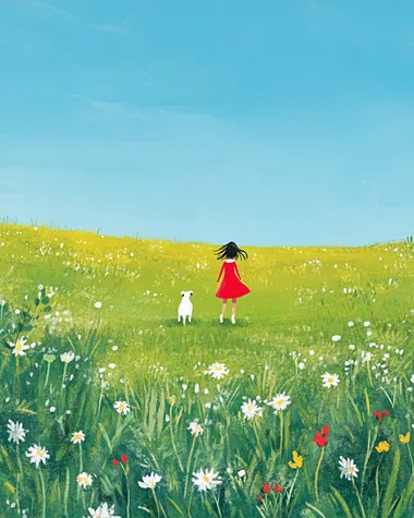 A girl in red and white walks on the grass, accompanied by her dog, walking towards you from afar. The green meadow is full of wildflowers under a blue sky, in the style of Japanese illustration with simple lines, minimalist art, flat painting, children's illustrations, brushstrokes, soft colors, and a fresh style. A large area is left blank for space.No pets  --s 50