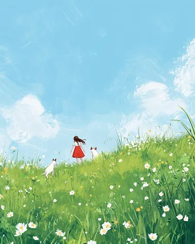 A girl in red and white walks on the grass, accompanied by her dog, walking towards you from afar. The green meadow is full of wildflowers under a blue sky, in the style of Japanese illustration with simple lines, minimalist art, flat painting, children's illustrations, brushstrokes, soft colors, and a fresh style. A large area is left blank for space.No pets  --s 50