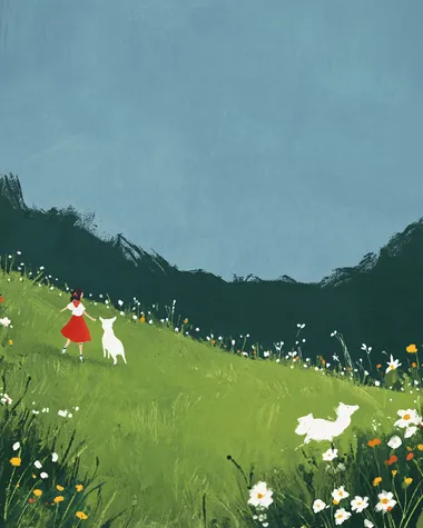 A girl in red and white walks on the grass, accompanied by her dog, walking towards you from afar. The green meadow is full of wildflowers under a blue sky, in the style of Japanese illustration with simple lines, minimalist art, flat painting, children's illustrations, brushstrokes, soft colors, and a fresh style. A large area is left blank for space.No pets  --s 50