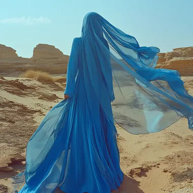 a vailed lady standing in a dessert wearing eclectic blue colors, wind blowing her abaya