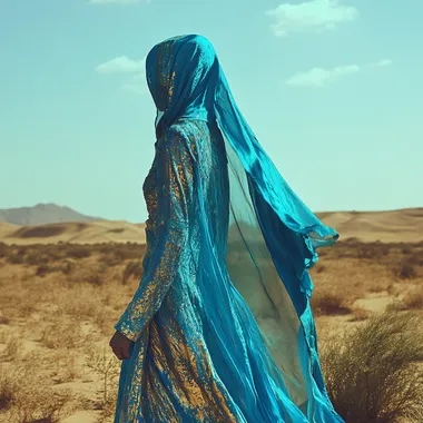 a vailed lady standing in a dessert wearing eclectic blue colors, wind blowing her abaya