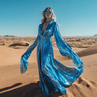 a vailed lady standing in a dessert wearing eclectic blue colors, wind blowing her abaya