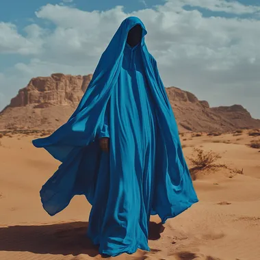a vailed lady standing in a dessert wearing eclectic blue colors, wind blowing her abaya