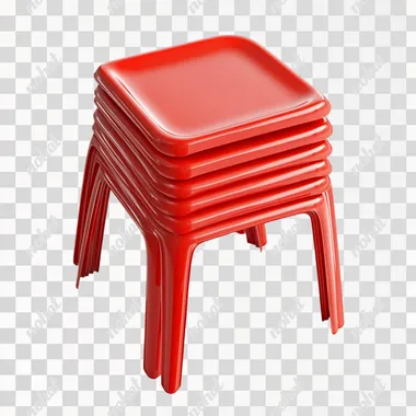 Sturdy plastic red square low stools, stackable chairs for children, suitable for school, dining table, home, office, cafe, or shop. Modern, high chairs in stock, on a white background,c4d
