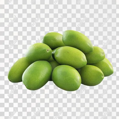 slide of green mangoes, pile of green mangoes, photorealism, realistic photo, white background, more realistic, photo