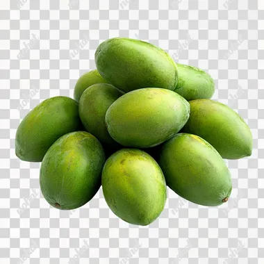 slide of green mangoes, pile of green mangoes, photorealism, realistic photo, white background, more realistic, photo