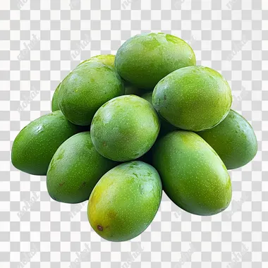 slide of green mangoes, pile of green mangoes, photorealism, realistic photo, white background, more realistic, photo