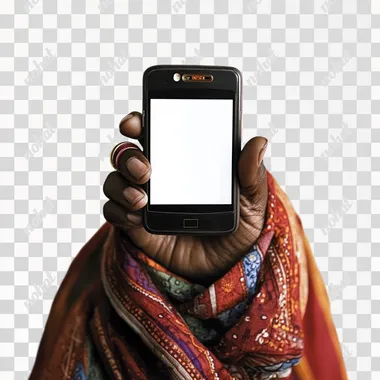 Black mobile phone in an ethnic females hand, white background, screen is white