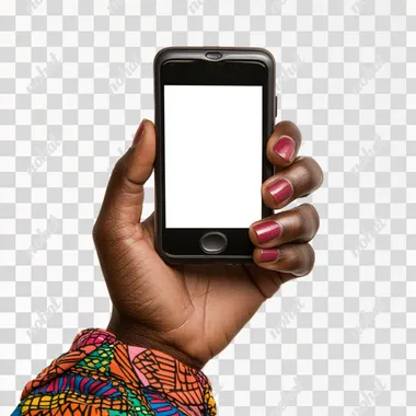 Black mobile phone in an ethnic females hand, white background, screen is white